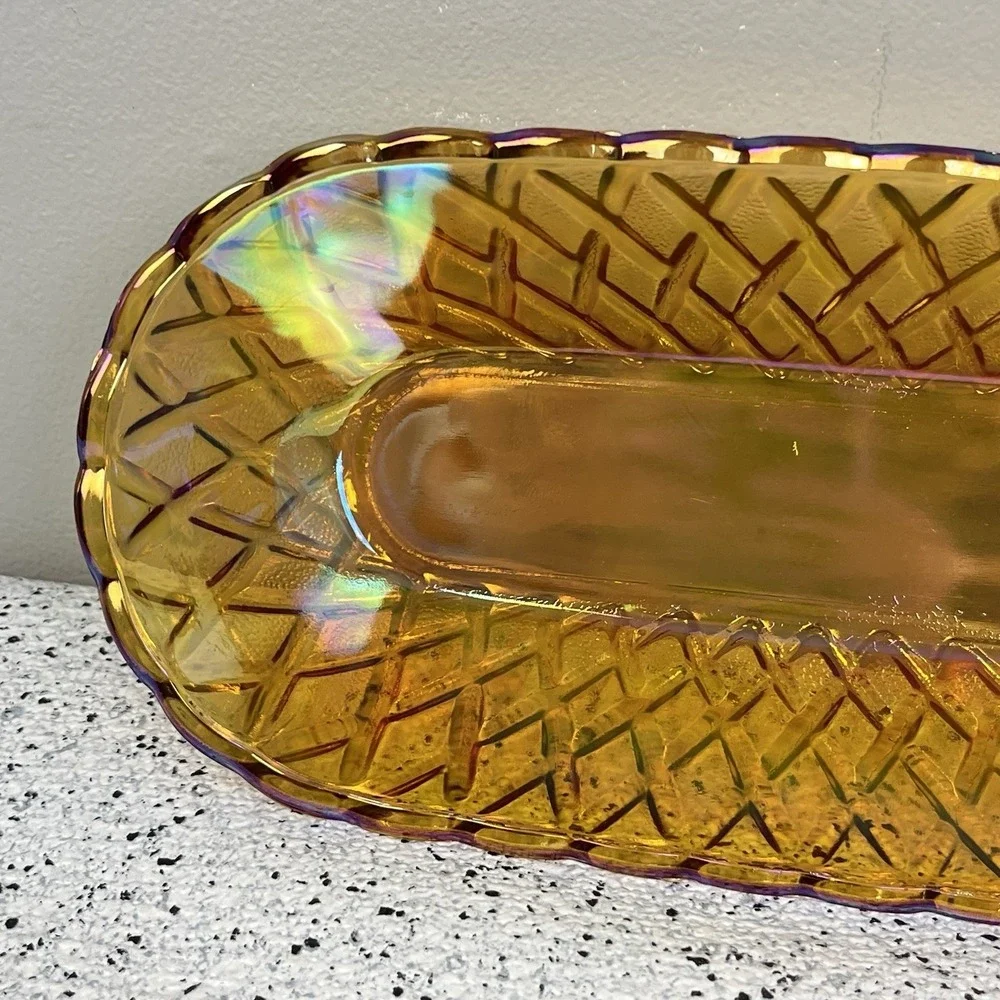Indiana Glass Vintage Amber Marigold Carnival Glass Dish Basketweave Pretzel
